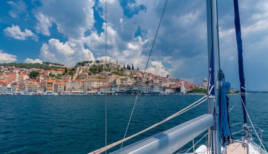Sailing view of Split, Croatia with historic old town, terracotta rooftops, and Adriatic Sea