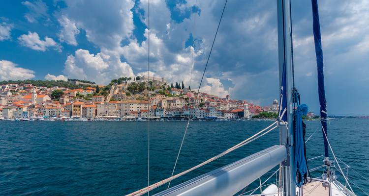 Sailing view of Split, Croatia with historic old town, terracotta rooftops, and Adriatic Sea