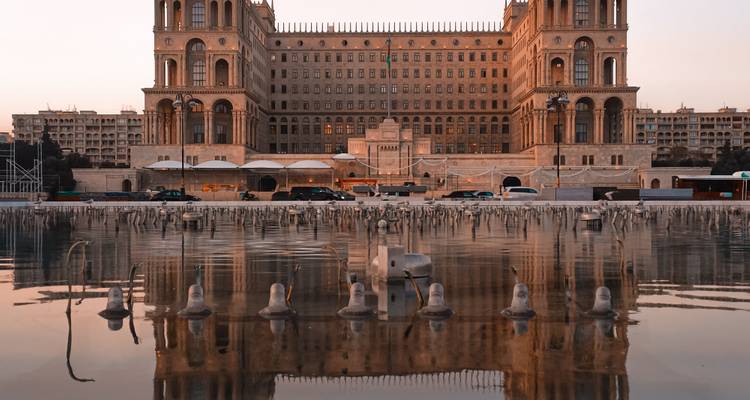 Government House in Baku Azerbaijan with waterfront reflection