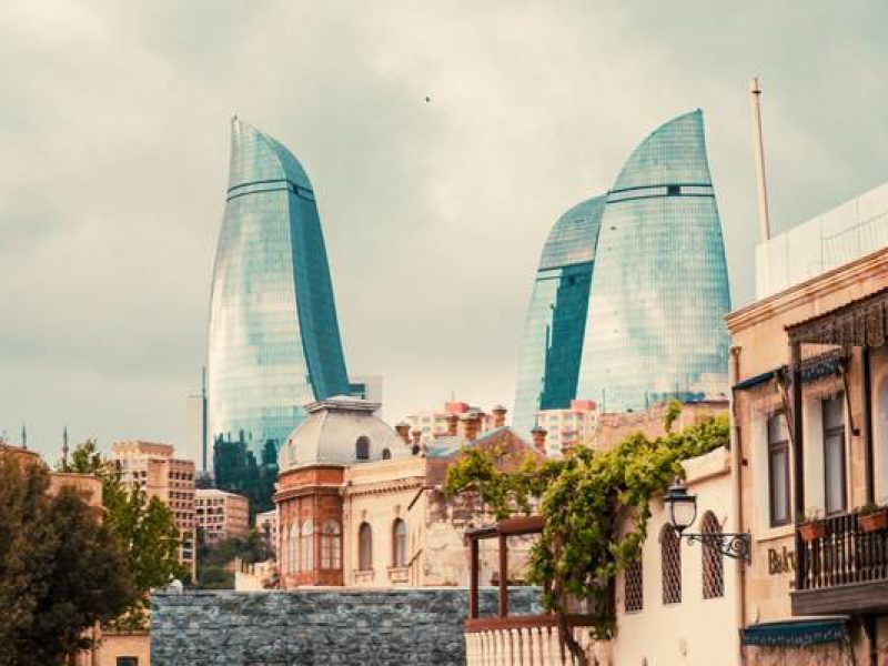 Flame Towers skyline view from Baku Old City in Azerbaijan